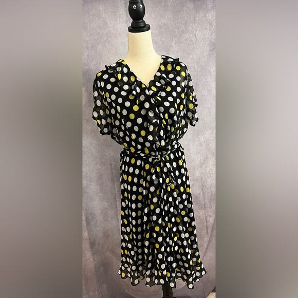 JBS Navy Blue Sheer Polka Dot Blouson Dress Yellow & White Dots Ruffled Hem 18WP - Picture 1 of 10